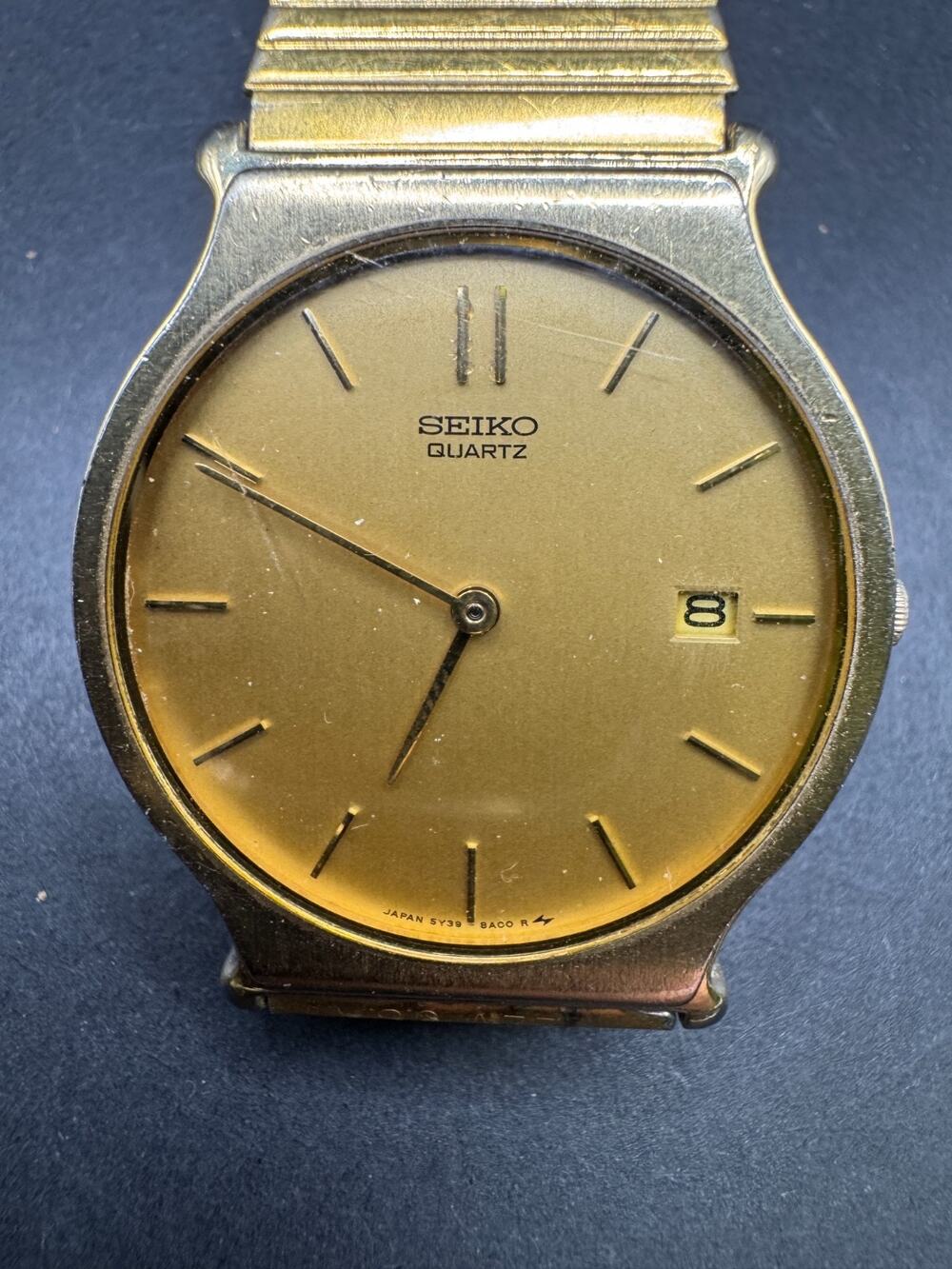 Vintage Seiko Watch Men 31mm Gold Dial Gold Tone Date Round 5Y39-8A09